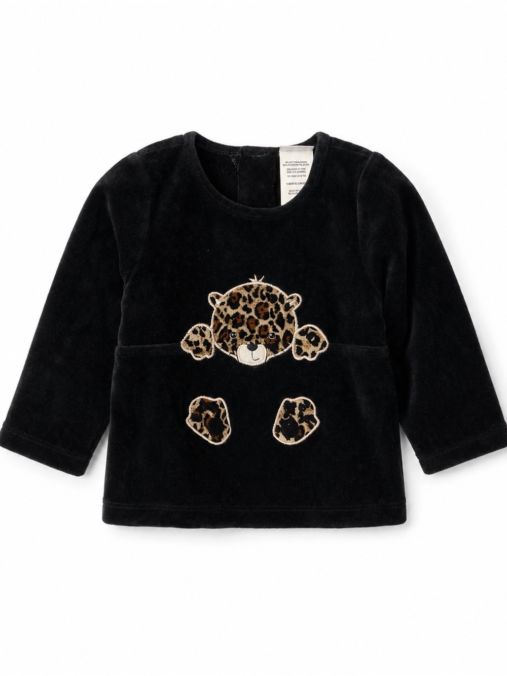 Little Me Black Velour Sweater with Leopard Face Appliqué